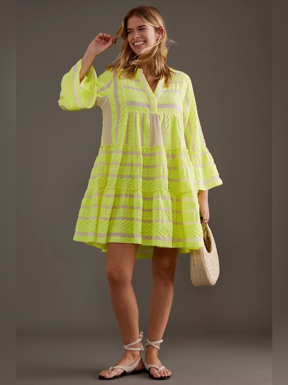 Devotion XS Twins Ella Neon Yellow Flared-Sleeve Tiered A-Line Mini Dress
